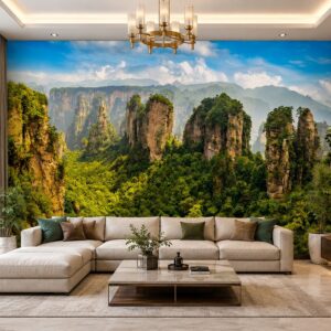 Tranh phong cảnh đồi núi dán tường phòng khách núi đá trùng điệp rừng xanh hùng vĩ 3d 5d 8d 53912