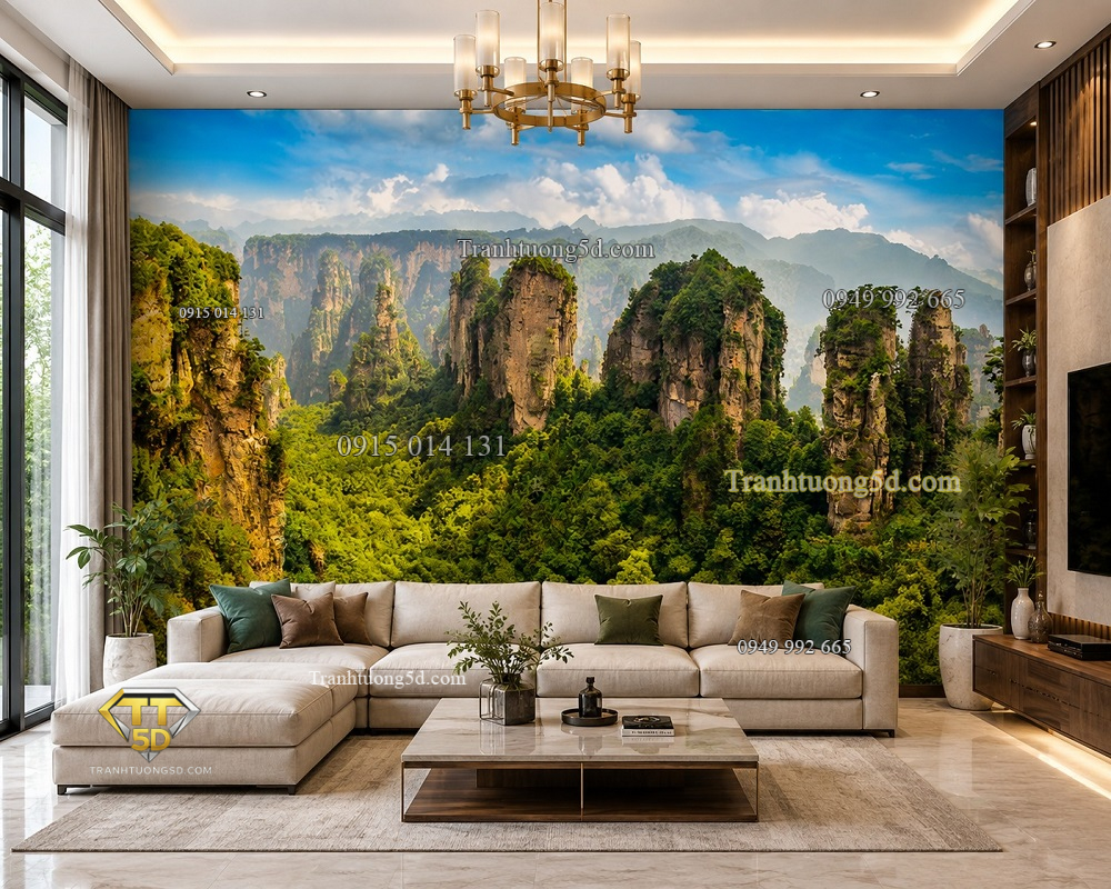 Tranh phong cảnh đồi núi dán tường phòng khách núi đá trùng điệp rừng xanh hùng vĩ 3d 5d 8d 53912