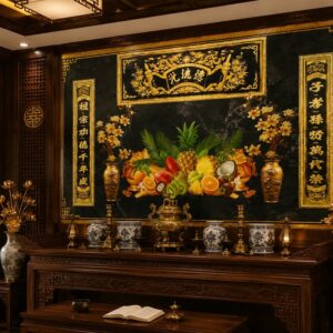 Tranh câu đối vàng nền đen kết hợp mâm ngũ quả trang trí ban thờ 34361