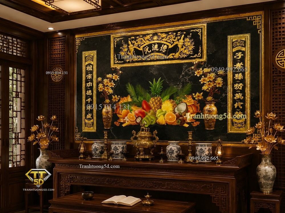 Tranh câu đối vàng nền đen kết hợp mâm ngũ quả trang trí ban thờ 34361 Tranh câu đối vàng nền đen kết hợp mâm ngũ quả trang trí ban thờ 34361