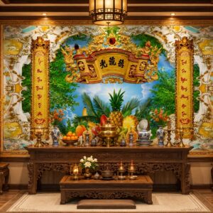 Tranh dán tường 3D phòng thờ ngũ quả GD981679