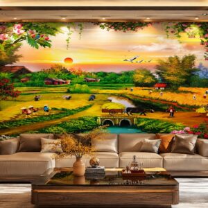 Tranh dán tường 5D đồng quê trang trí phòng khách đẹp