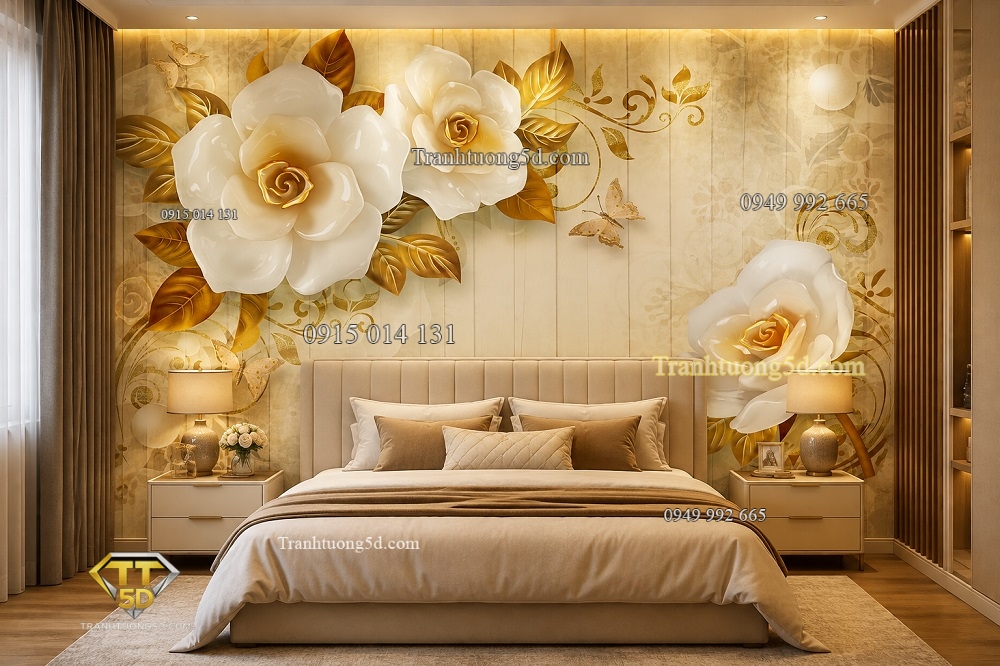 Tranh dán tường 5D phòng ngủ hoa giả ngọc sang trọng