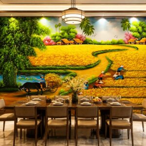 Tranh dán tường đồng quê ruộng lúa chín vàng phòng bếp nhà ăn