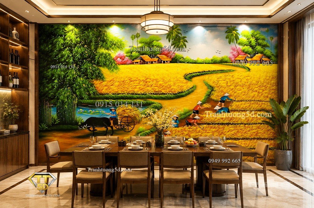 Tranh dán tường đồng quê ruộng lúa chín vàng phòng bếp nhà ăn
