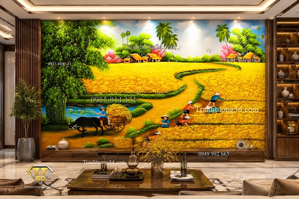 Tranh dán tường đồng quê ruộng lúa chín vàng phòng khách