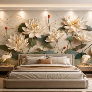 Tranh dán tường hoa sen trắng hiện đại phòng ngủ 30558
