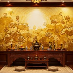 Tranh dán tường hoa sen trúc chỉ vàng dán phòng thờ 32983