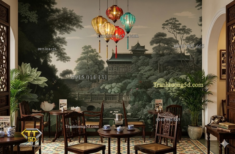 Tranh dán tường indochine vườn xưa trang trí quán cafe ab594510774