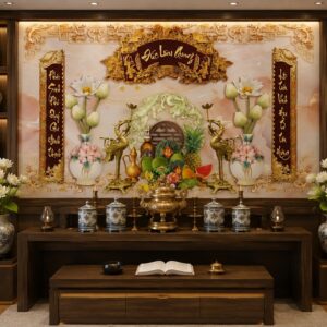 Tranh dán tường mâm ngũ quả nền giả ngọc sau ban thờ 56434