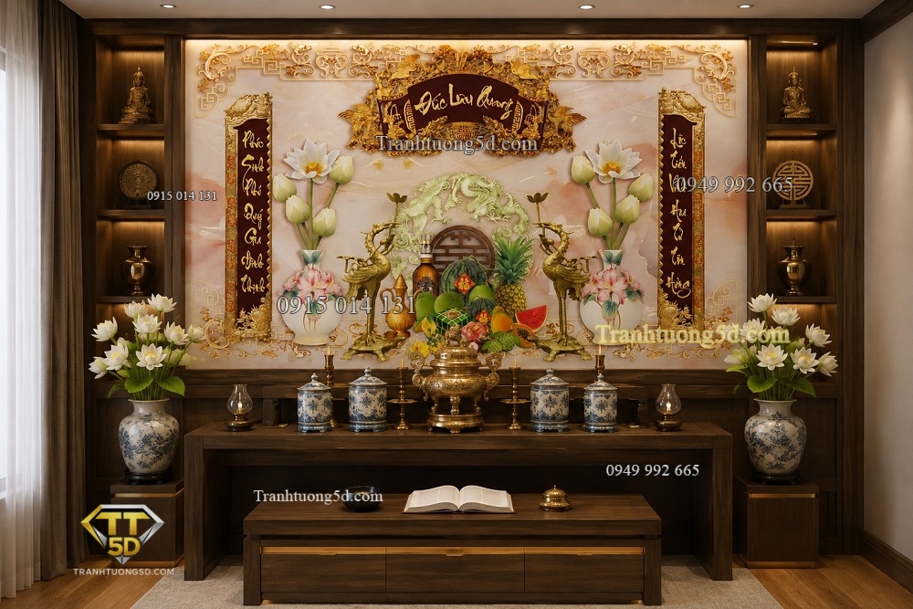 Tranh dán tường mâm ngũ quả nền giả ngọc sau ban thờ 56434