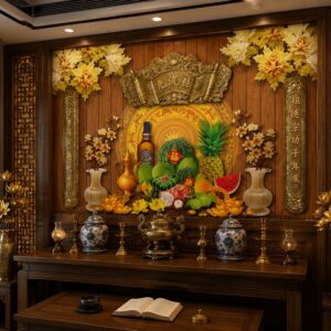 Tranh dán tường mâm ngũ quả nền gỗ hoa văn trống đồng 56459