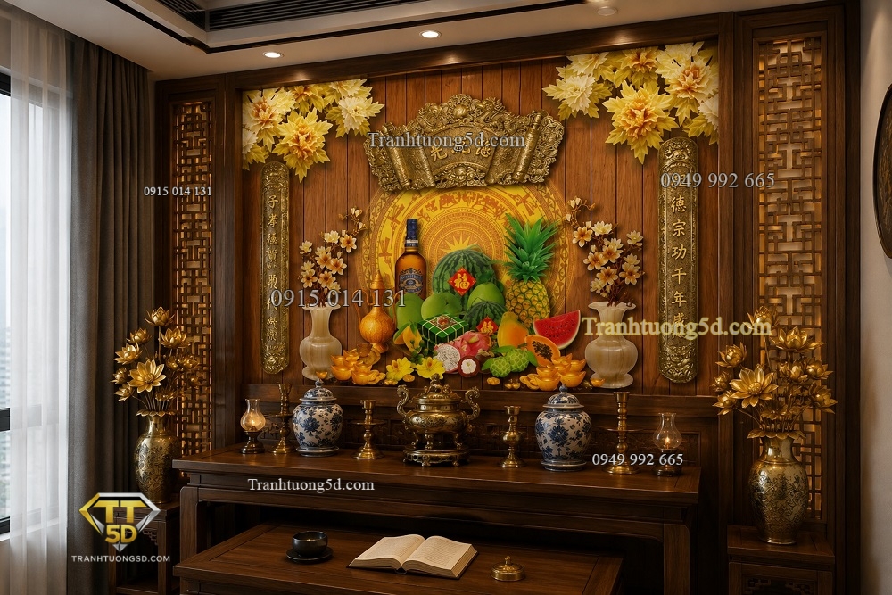 Tranh dán tường mâm ngũ quả nền gỗ hoa văn trống đồng 56459