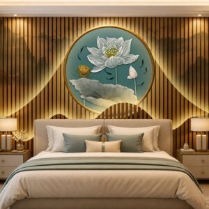 Tranh dán tường phòng ngủ 5D hoa sen lam sóng nền vàng