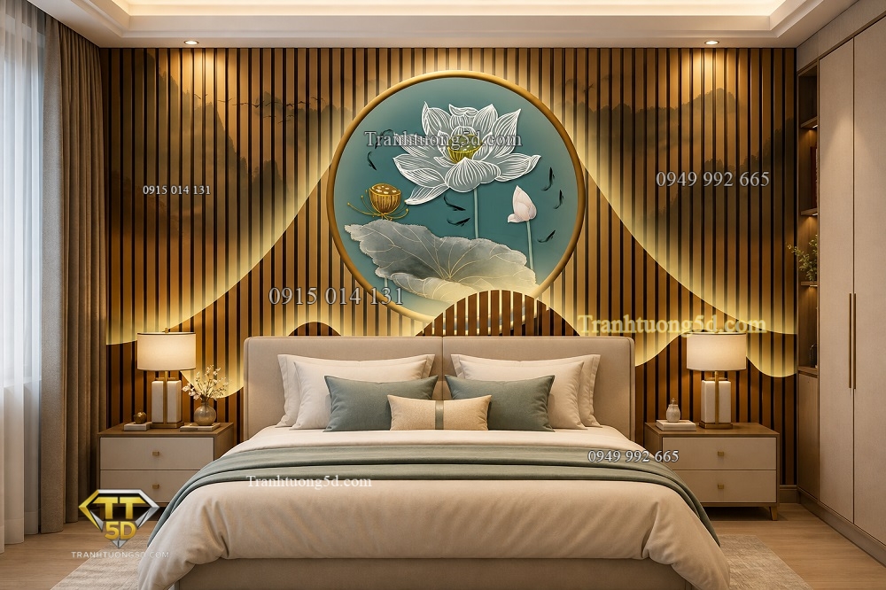Tranh dán tường phòng ngủ 5D hoa sen lam sóng nền vàng