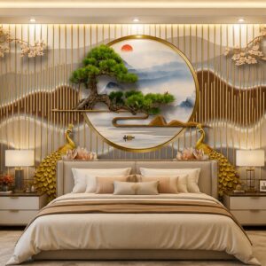 Tranh dán tường phòng ngủ 5D lam sóng và chim công vàng