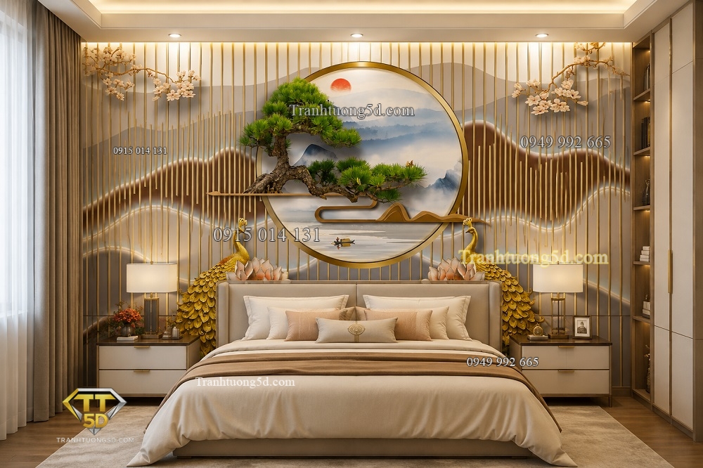 Tranh dán tường phòng ngủ 5D lam sóng và chim công vàng