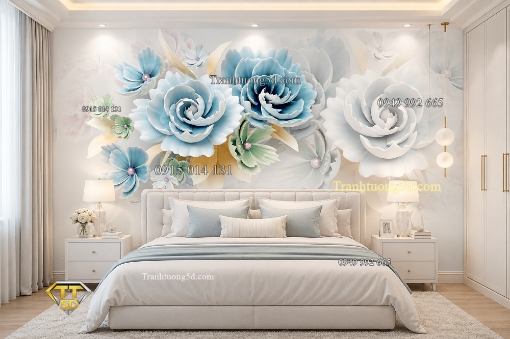 Tranh dán tường phòng ngủ hoa giả ngọc hiện đại