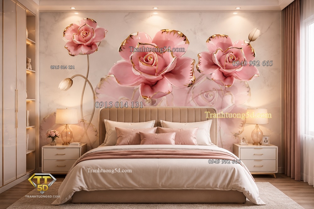 Tranh dán tường phòng ngủ hoa hồng giả ngọc lãng mạn