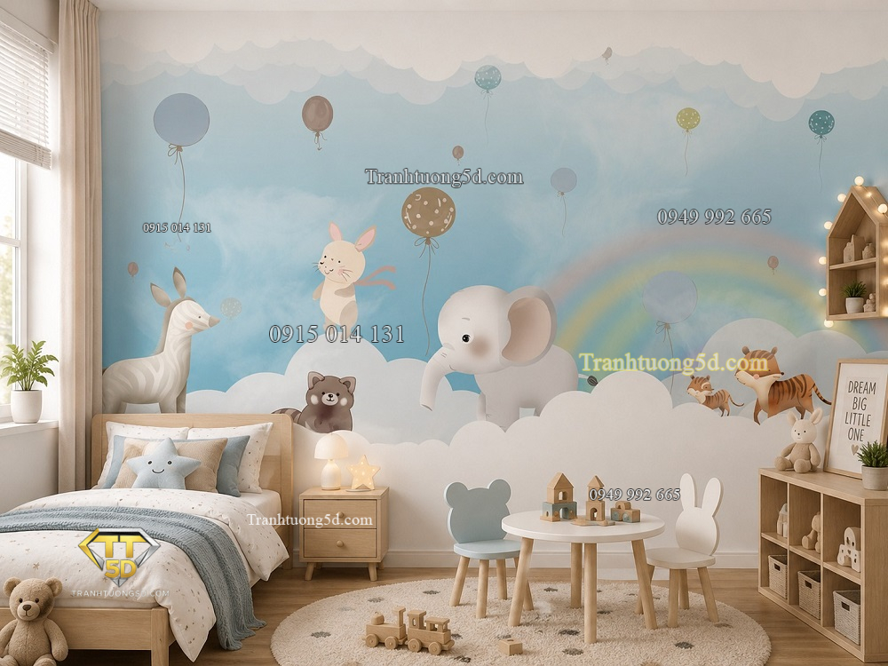 Tranh dán tường phòng ngủ trẻ em bầu trời cầu vồng động vật st2574068511