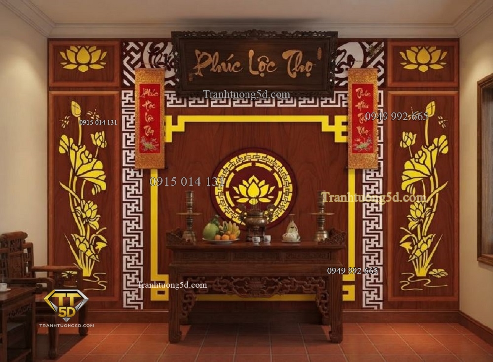 Tranh dán tường phòng thờ Phúc Lộc Thọ nền giả gỗ 10724