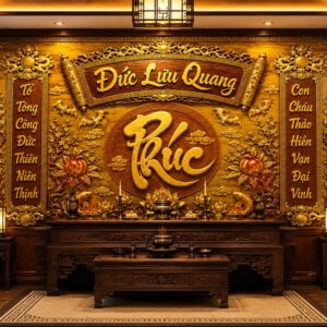 Tranh dán tường phòng thờ chữ Phúc nền vàng 22768
