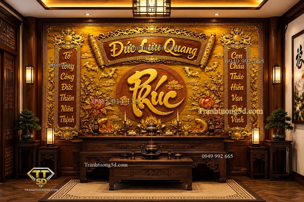 Tranh dán tường phòng thờ chữ Phúc nền vàng 22768
