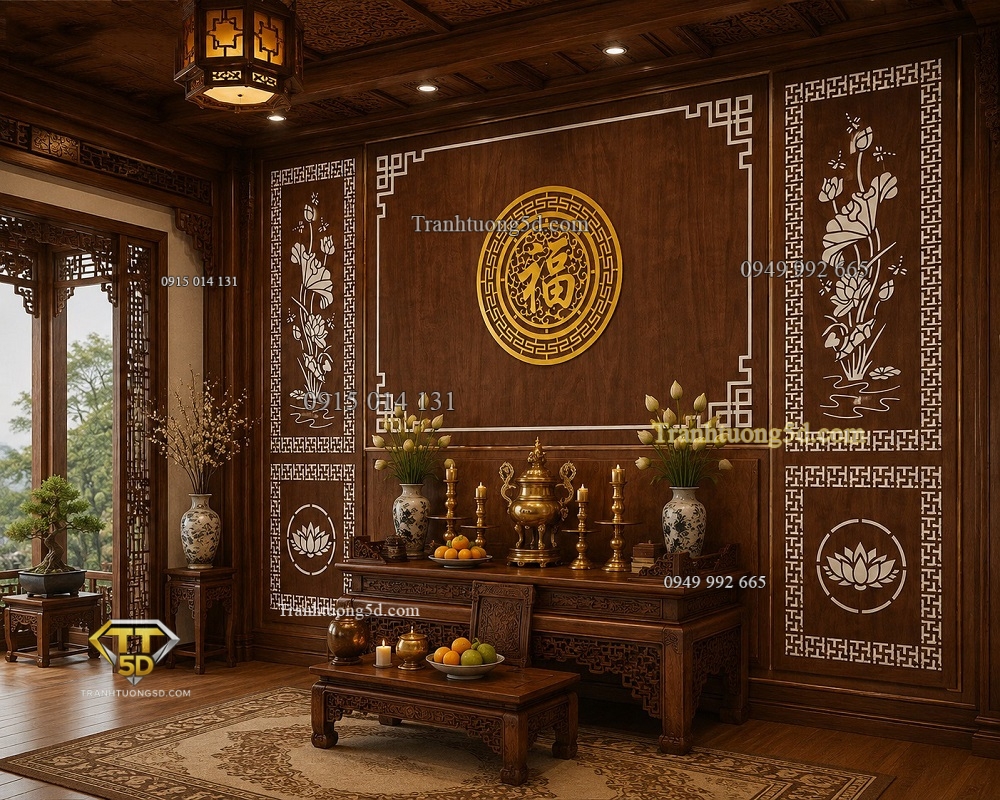 Tranh dán tường phòng thờ giả gỗ kết hợp phào chỉ hoa sen 49723