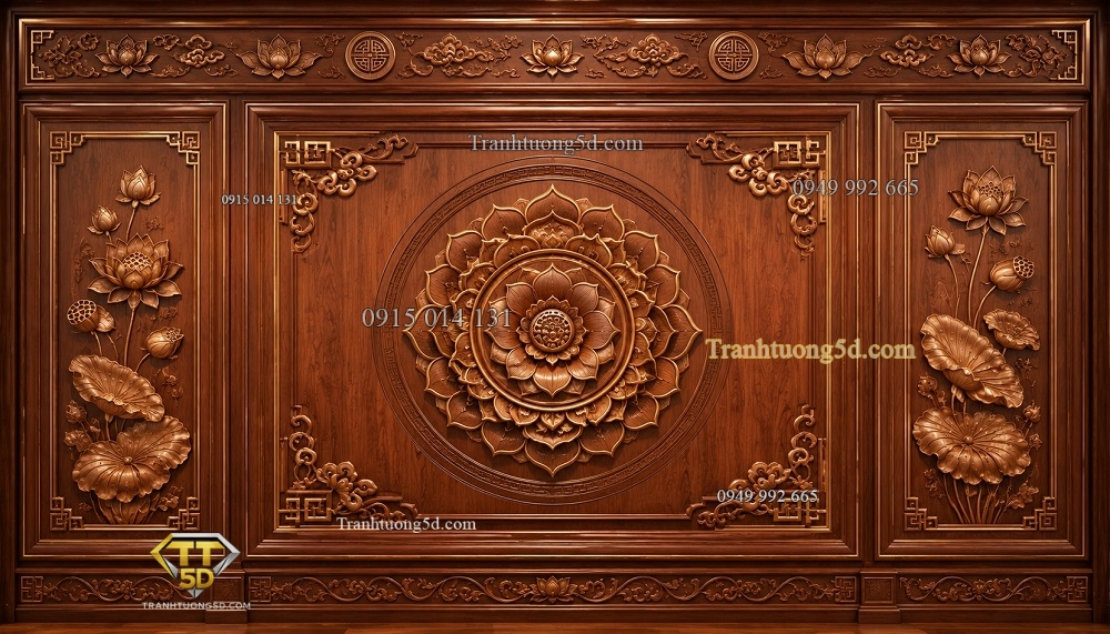 Tranh dán tường phòng thờ nền gỗ hoa sen PT1820262