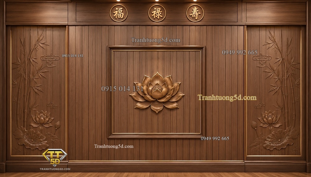 Tranh dán tường phòng thờ nền gỗ hoa sen PT1820263