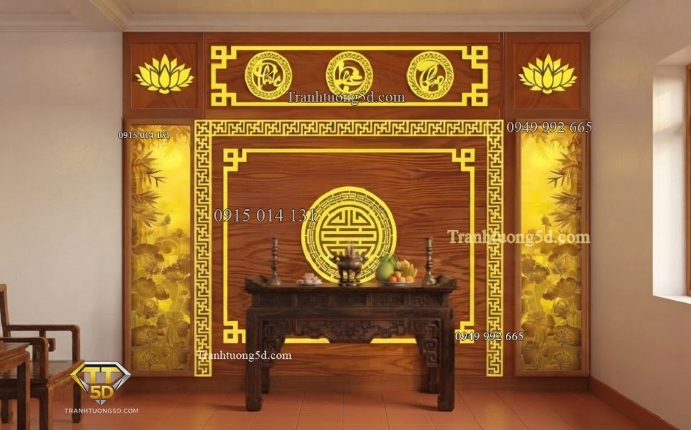 Tranh dán tường phòng thờ nền gỗ kết hợp phào chỉ 10086