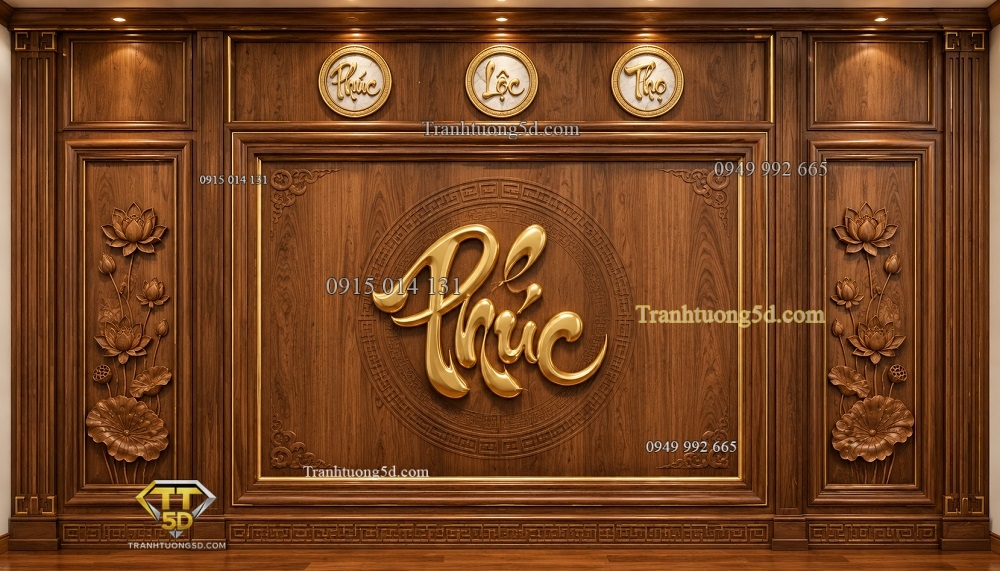 Tranh dán tường phòng thờ nền gỗ kết hợp phào chỉ chữ Phúc PT1820261