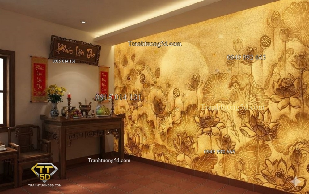 Tranh dán tường phòng thờ trúc chỉ hoa sen 10070 Tranh dán tường phòng thờ trúc chỉ hoa sen 10070