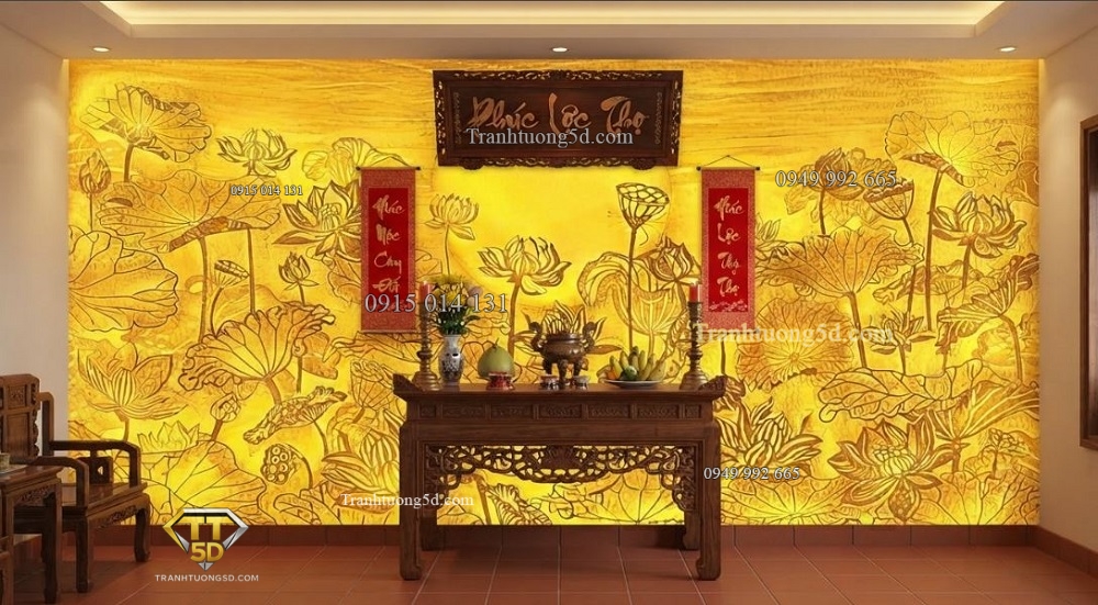 Tranh hoa sen vàng phong cách trúc chỉ dán sau ban thờ 10817 Tranh hoa sen vàng phong cách trúc chỉ dán sau ban thờ 10817