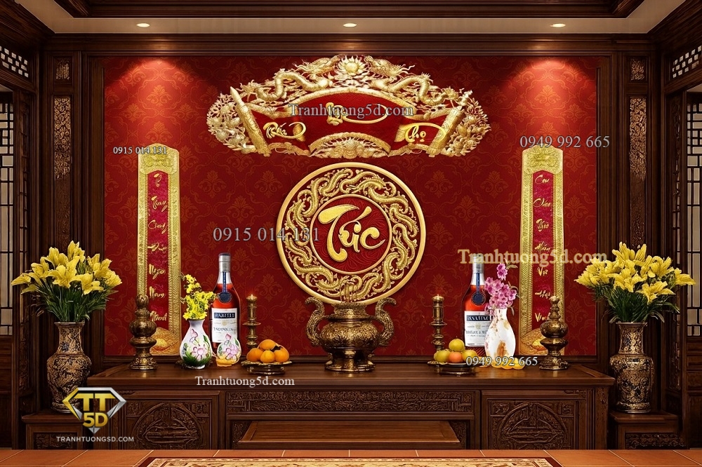 Tranh thờ nền đỏ với câu đối cuốn thư Phúc Lộc Thọ 44153 Tranh thờ nền đỏ với câu đối cuốn thư Phúc Lộc Thọ 44153
