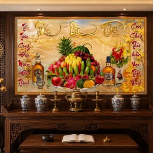 Tranh thờ ngũ quả câu đối đỏ và chữ Phúc Lộc Thọ 51779