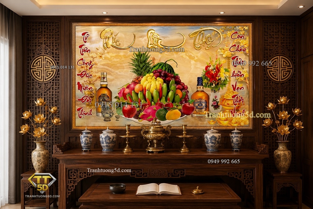 Tranh thờ ngũ quả câu đối đỏ và chữ Phúc Lộc Thọ 51779