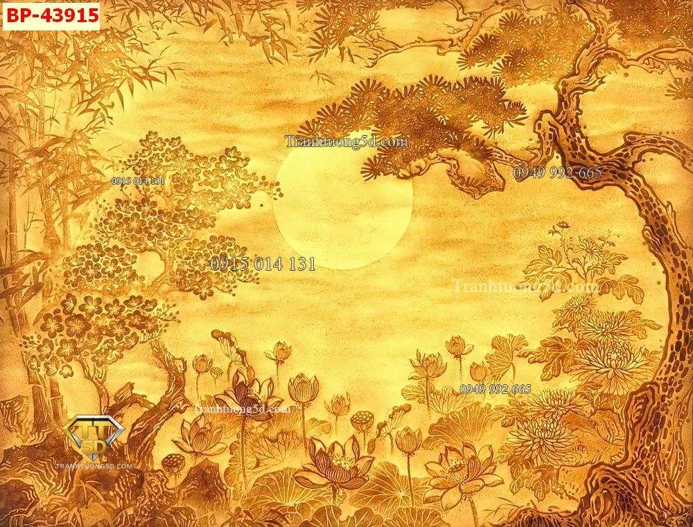 Tranh trúc chỉ tùng trúc sen vàng 43915 Tranh trúc chỉ tùng trúc sen vàng 43915