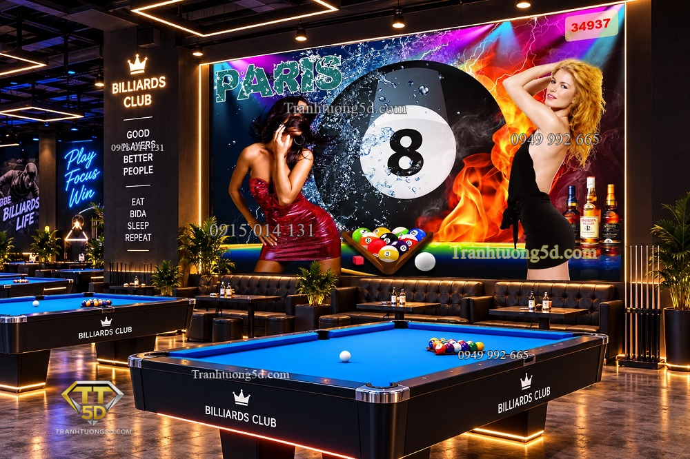 Tranh bida dán tường quán bida nữ paris phong cách neon 34937