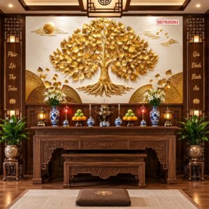 Tranh cây bồ đề dán tường phòng thờ kim sắc phong thủy bd7920263