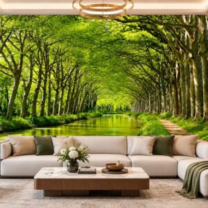 Tranh con đường hàng cây dán tường phòng khách không gian thiên nhiên xanh mát 00158