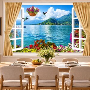 Tranh cửa sổ dán tường phòng bếp ăn phong cảnh hồ núi hoa rực rỡ 51507