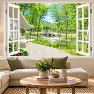 Tranh cửa sổ dán tường phòng khách ban công ven hồ rừng xanh 51622