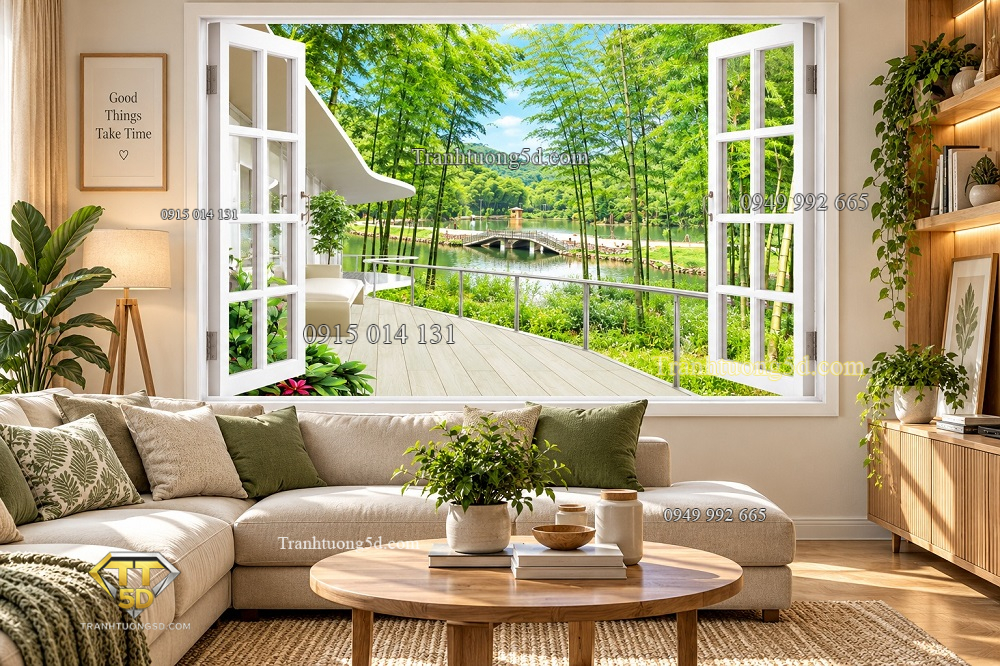 Tranh cửa sổ dán tường phòng khách ban công ven hồ rừng xanh 51622