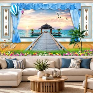 Tranh cửa sổ dán tường phòng khách cầu gỗ biển hoàng hôn 44126