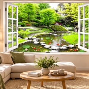Tranh cửa sổ dán tường phòng khách hồ cá koi vườn nhật thanh bình 51785