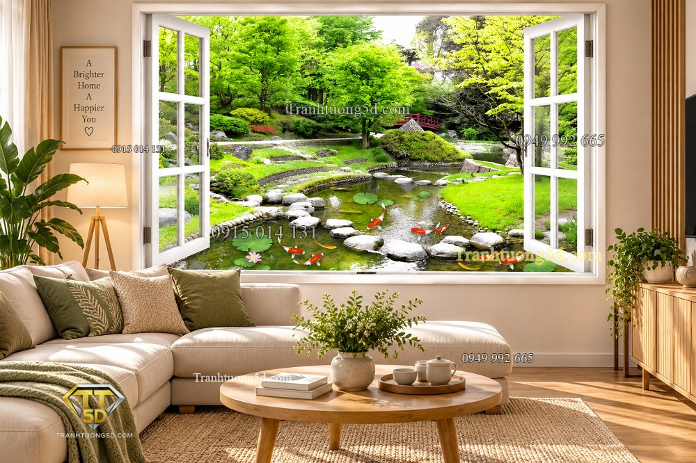 Tranh cửa sổ dán tường phòng khách hồ cá koi vườn nhật thanh bình 51785