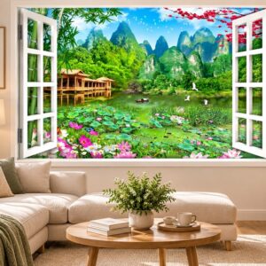 Tranh cửa sổ dán tường phòng khách phong cảnh non nước hữu tình hoa sen 52976