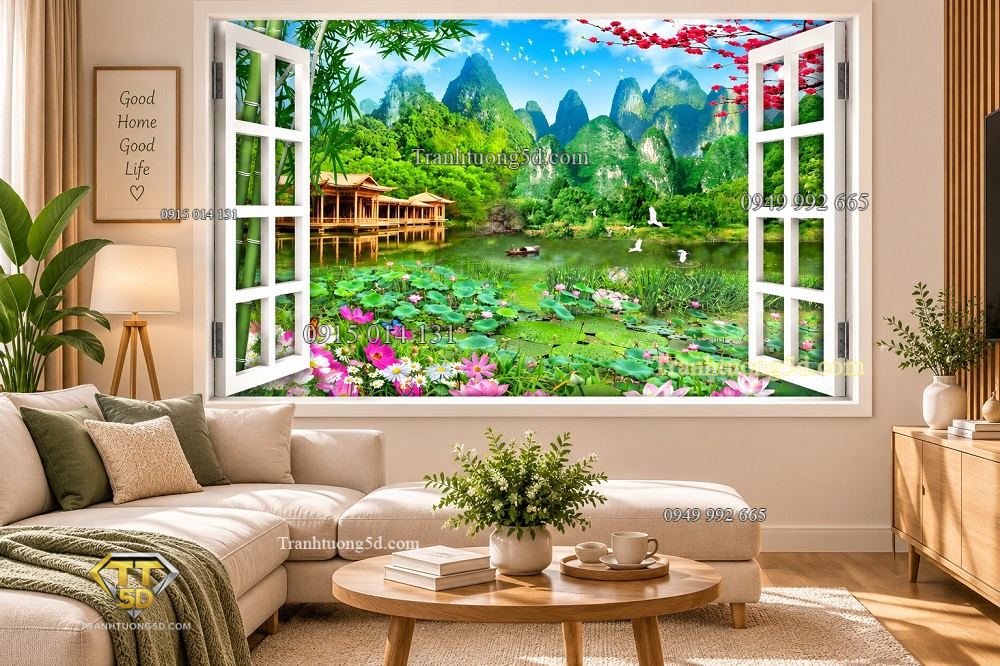 Tranh cửa sổ dán tường phòng khách phong cảnh non nước hữu tình hoa sen 52976