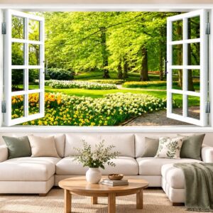 Tranh cửa sổ dán tường phòng khách vườn hoa mùa xuân xanh mát 43075